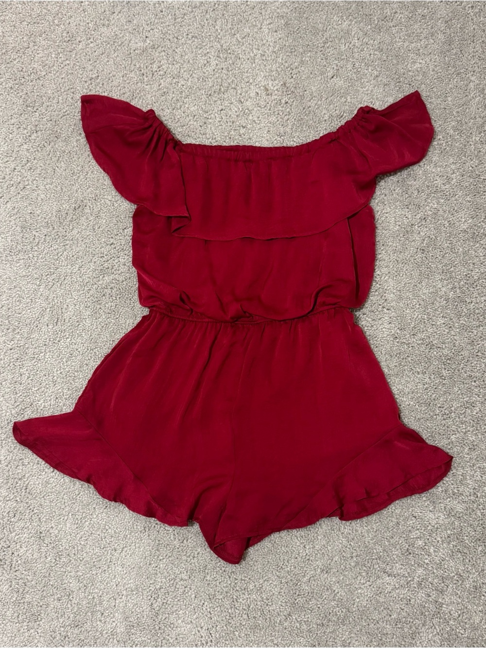 She + Sky Deep Red Off-Shoulder Ruffle Romper
